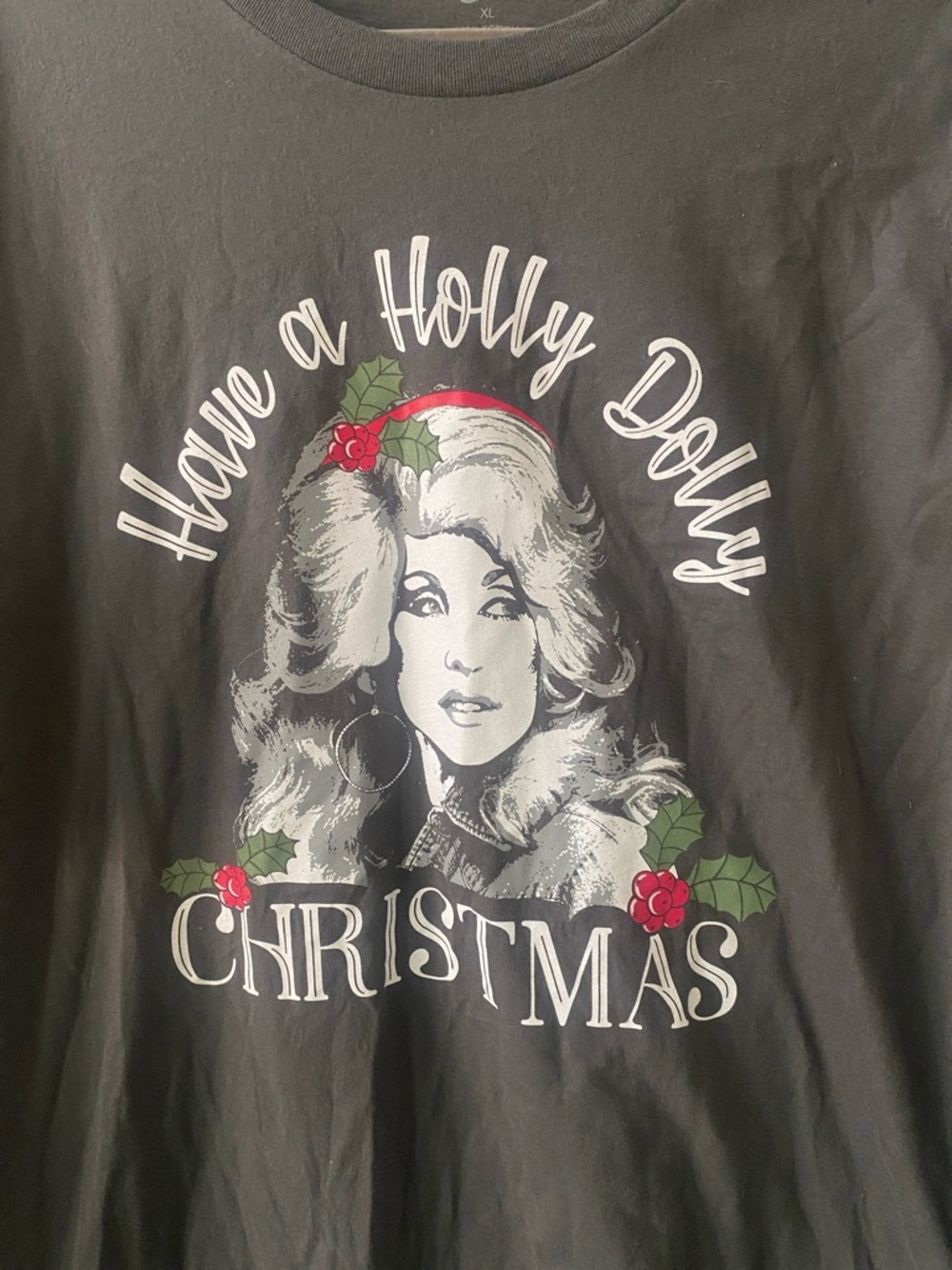 Dolly Parton 'Have a Holly Dolly Christmas' Dark Gray Charcoal Holiday Tee - Picture 3 of 3
